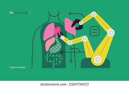 Bio Technology, Organism Builder -modern flat vector concept illustration of robot assembling organism using blocks, parts representing organ systems. Metaphor of regenerative medicine and 3D printing