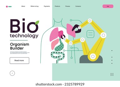 Bio Technology, Organism Builder -modern flat vector concept illustration of robot assembling organism using blocks, parts representing organ systems. Metaphor of regenerative medicine and 3D printing