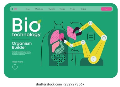 Bio Technology, Organism Builder -modern flat vector concept illustration of robot assembling organism using blocks, parts representing organ systems. Metaphor of regenerative medicine and 3D printing