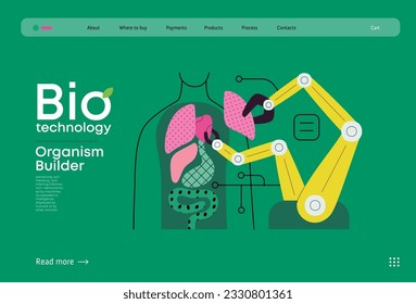 Bio Technology, Organism Builder -modern flat vector concept illustration of robot assembling organism using blocks, parts representing organ systems. Metaphor of regenerative medicine and 3D printing