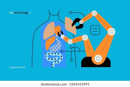 Bio Technology, Organism Builder -modern flat vector concept illustration of robot assembling organism using blocks, parts representing organ systems. Metaphor of regenerative medicine and 3D printing