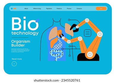 Bio Technology, Organism Builder -modern flat vector concept illustration of robot assembling organism using blocks, parts representing organ systems. Metaphor of regenerative medicine and 3D printing