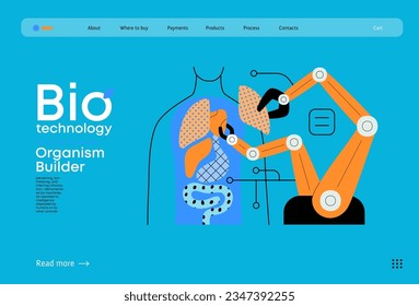 Bio Technology, Organism Builder -modern flat vector concept illustration of robot assembling organism using blocks, parts representing organ systems. Metaphor of regenerative medicine and 3D printing