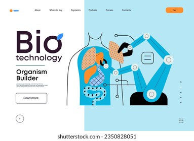 Bio Technology, Organism Builder -modern flat vector concept illustration of robot assembling organism using blocks, parts representing organ systems. Metaphor of regenerative medicine and 3D printing