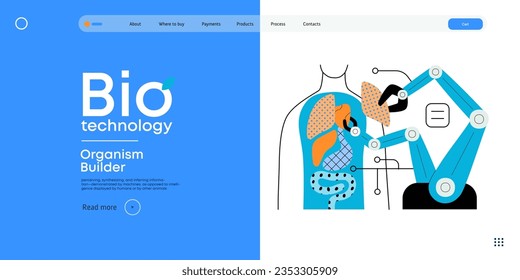 Bio Technology, Organism Builder -modern flat vector concept illustration of robot assembling organism using blocks, parts representing organ systems. Metaphor of regenerative medicine and 3D printing