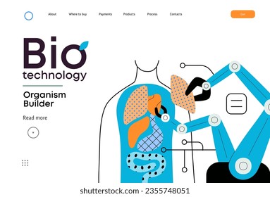 Bio Technology, Organism Builder -modern flat vector concept illustration of robot assembling organism using blocks, parts representing organ systems. Metaphor of regenerative medicine and 3D printing