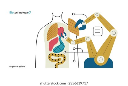 Bio Technology, Organism Builder -modern flat vector concept illustration of robot assembling organism using blocks, parts representing organ systems. Metaphor of regenerative medicine and 3D printing