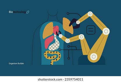 Bio Technology, Organism Builder -modern flat vector concept illustration of robot assembling organism using blocks, parts representing organ systems. Metaphor of regenerative medicine and 3D printing