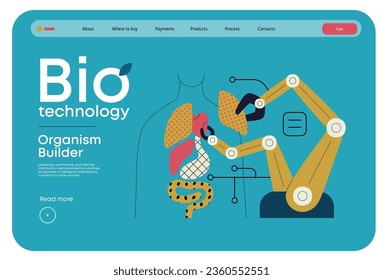 Bio Technology, Organism Builder -modern flat vector concept illustration of robot assembling organism using blocks, parts representing organ systems. Metaphor of regenerative medicine and 3D printing