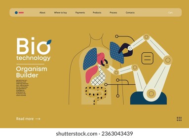 Bio Technology, Organism Builder -modern flat vector concept illustration of robot assembling organism using blocks, parts representing organ systems. Metaphor of regenerative medicine and 3D printing