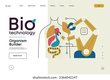 Bio Technology, Organism Builder -modern flat vector concept illustration of robot assembling organism using blocks, parts representing organ systems. Metaphor of regenerative medicine and 3D printing