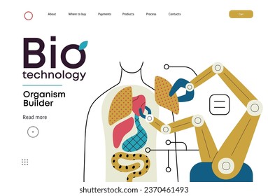 Bio Technology, Organism Builder -modern flat vector concept illustration of robot assembling organism using blocks, parts representing organ systems. Metaphor of regenerative medicine and 3D printing