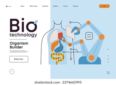 Bio Technology, Organism Builder -modern flat vector concept illustration of robot assembling organism using blocks, parts representing organ systems. Metaphor of regenerative medicine and 3D printing