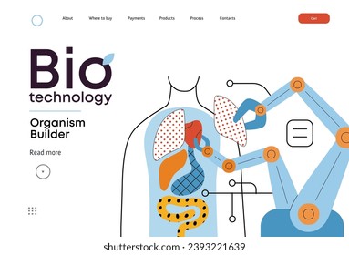 Bio Technology, Organism Builder -moderna ilustración de concepto de vector plano del organismo ensamblador de robots utilizando bloques, partes que representan sistemas de órganos. Metáfora de medicina regenerativa e impresión 3D