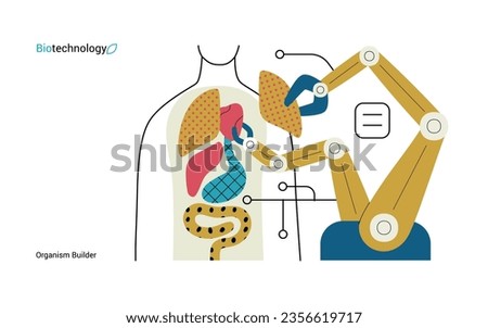 Bio Technology, Organism Builder -modern flat vector concept illustration of robot assembling organism using blocks, parts representing organ systems. Metaphor of regenerative medicine and 3D printing