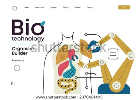 Bio Technology, Organism Builder -modern flat vector concept illustration of robot assembling organism using blocks, parts representing organ systems. Metaphor of regenerative medicine and 3D printing