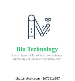Biotecnología, robots manuales y plantas, producción autónoma, icono de línea vectorial