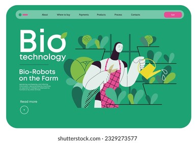 Bio Technology, Robot on farm -modern flat vector concept illustration of bio-robot engaged in agricultural activities. Metaphor of robotics and biotechnology integration, efficiency, sustainability