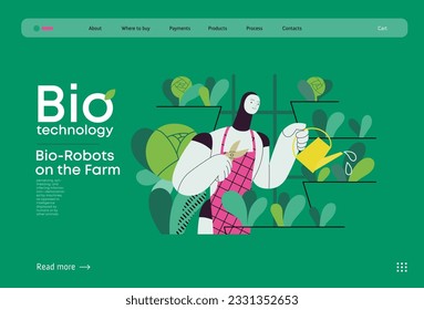 Bio Technology, Robot on farm -modern flat vector concept illustration of bio-robot engaged in agricultural activities. Metaphor of robotics and biotechnology integration, efficiency, sustainability