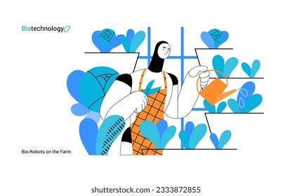 Bio Technology, Robot on farm -modern flat vector concept illustration of bio-robot engaged in agricultural activities. Metaphor of robotics and biotechnology integration, efficiency, sustainability