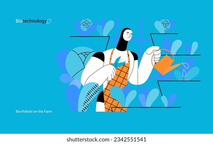 Bio Technology, Robot on farm -modern flat vector concept illustration of bio-robot engaged in agricultural activities. Metaphor of robotics and biotechnology integration, efficiency, sustainability