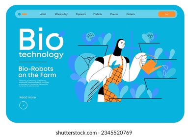 Bio Technology, Robot on farm -modern flat vector concept illustration of bio-robot engaged in agricultural activities. Metaphor of robotics and biotechnology integration, efficiency, sustainability