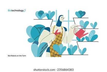 Bio Technology, Robot on farm -modern flat vector concept illustration of bio-robot engaged in agricultural activities. Metaphor of robotics and biotechnology integration, efficiency, sustainability
