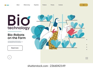 Bio-Technologie, Roboter auf dem Bauernhof - moderne flache Vektorgrafik des Bio-Roboters, der in der Landwirtschaft tätig ist. Metapher der Robotik und der Biotechnologie-Integration, Effizienz, Nachhaltigkeit