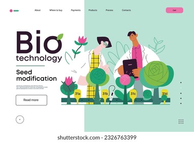Tecnología Bio, Modificación de Semillas -moderna ilustración de concepto de vector plano de científicos que analizan variantes genéticas modificadas de una planta. Metáfora del impacto directo de los OMG sobre la vegetación