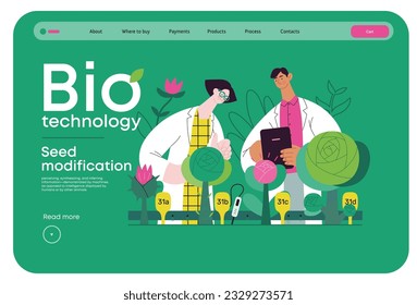 Tecnología Bio, Modificación de Semillas -moderna ilustración de concepto de vector plano de científicos que analizan variantes genéticas modificadas de una planta. Metáfora del impacto directo de los OMG sobre la vegetación