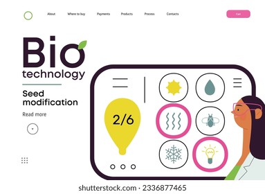 Tecnología Bio, Modificación de Semillas -moderna ilustración de concepto de vector plano de científicos eligiendo características para una semilla, variantes modificadas genéticamente. Metáfora del impacto directo de los OMG sobre la vegetación