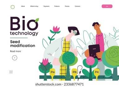 Bio Technology, Seed Modification -modern flat vector concept illustration of scientists analysing genetic modificated variants of a plant. Metaphor of direct impact of GMO on vegetation