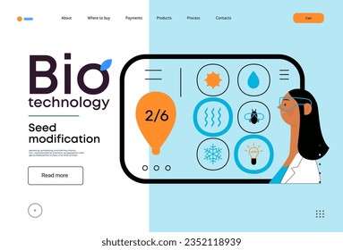 Bio Technology, Seed Modification -modern flat vector concept illustration of scientists choosing features for a seed, genetic modificated variants. Metaphor of direct impact of GMO on vegetation