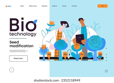 Bio Technology, Seed Modification -modern flat vector concept illustration of scientists analysing genetic modificated variants of a plant. Metaphor of direct impact of GMO on vegetation