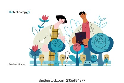 Tecnología Bio, Modificación de Semillas -moderna ilustración de concepto de vector plano de científicos que analizan variantes genéticas modificadas de una planta. Metáfora del impacto directo de los OMG sobre la vegetación