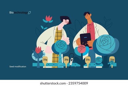 Tecnología Bio, Modificación de Semillas -moderna ilustración de concepto de vector plano de científicos que analizan variantes genéticas modificadas de una planta. Metáfora del impacto directo de los OMG sobre la vegetación