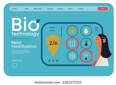 Tecnología Bio, Modificación de Semillas -moderna ilustración de concepto de vector plano de científicos eligiendo características para una semilla, variantes modificadas genéticamente. Metáfora del impacto directo de los OMG sobre la vegetación