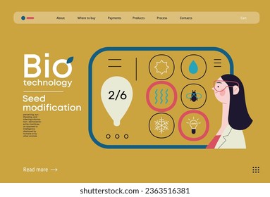 Bio Technology, Seed Modification -modern flat vector concept illustration of scientists choosing features for a seed, genetic modificated variants. Metaphor of direct impact of GMO on vegetation