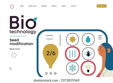 Bio Technology, Seed Modification -modern flat vector concept illustration of scientists choosing features for a seed, genetic modificated variants. Metaphor of direct impact of GMO on vegetation