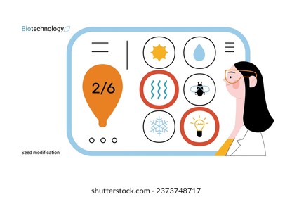 Bio Technology, Seed Modification -modern flat vector concept illustration of scientists choosing features for a seed, genetic modificated variants. Metaphor of direct impact of GMO on vegetation