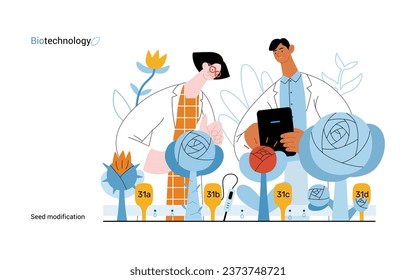 Bio Technology, Seed Modification -modern flat vector concept illustration of scientists analysing genetic modificated variants of a plant. Metaphor of direct impact of GMO on vegetation