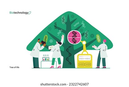 Bio Technology, Tree of life - modern flat vector concept illustration of scientists observing the tree, whose leaves represent various types of DNA. Metaphor of genetic research and diversity of life