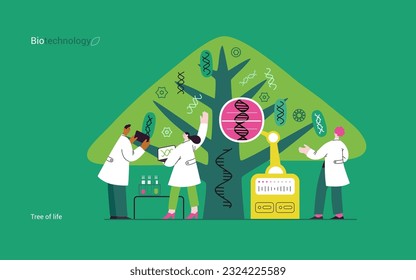 Biotecnología, Árbol de la vida - moderna ilustración del concepto de vector plano de los científicos que observan el árbol, cuyas hojas representan varios tipos de ADN. Metáfora de la investigación genética y diversidad de la vida