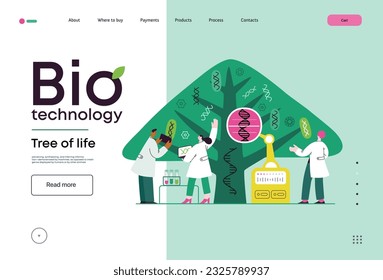 Bio Technology, Tree of life - modern flat vector concept illustration of scientists observing the tree, whose leaves represent various types of DNA. Metaphor of genetic research and diversity of life