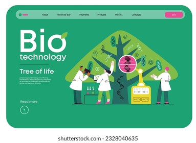 Bio Technology, Tree of life - modern flat vector concept illustration of scientists observing the tree, whose leaves represent various types of DNA. Metaphor of genetic research and diversity of life