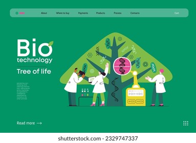 Bio Technology, Tree of life - modern flat vector concept illustration of scientists observing the tree, whose leaves represent various types of DNA. Metaphor of genetic research and diversity of life