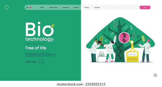 Bio Technology, Tree of life - modern flat vector concept illustration of scientists observing the tree, whose leaves represent various types of DNA. Metaphor of genetic research and diversity of life