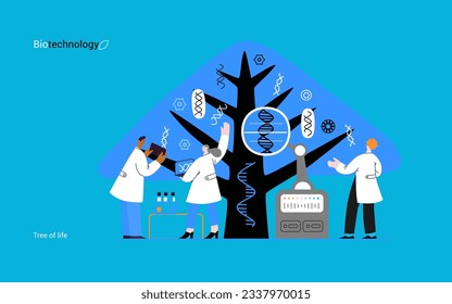 Bio Technology, Tree of life - modern flat vector concept illustration of scientists observing the tree, whose leaves represent various types of DNA. Metaphor of genetic research and diversity of life