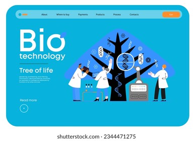Bio Technology, Tree of life - modern flat vector concept illustration of scientists observing the tree, whose leaves represent various types of DNA. Metaphor of genetic research and diversity of life