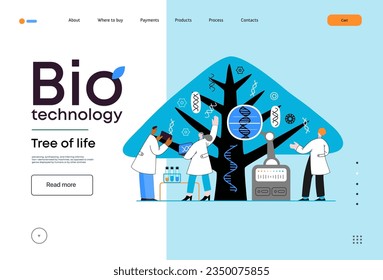 Bio Technology, Tree of life - modern flat vector concept illustration of scientists observing the tree, whose leaves represent various types of DNA. Metaphor of genetic research and diversity of life